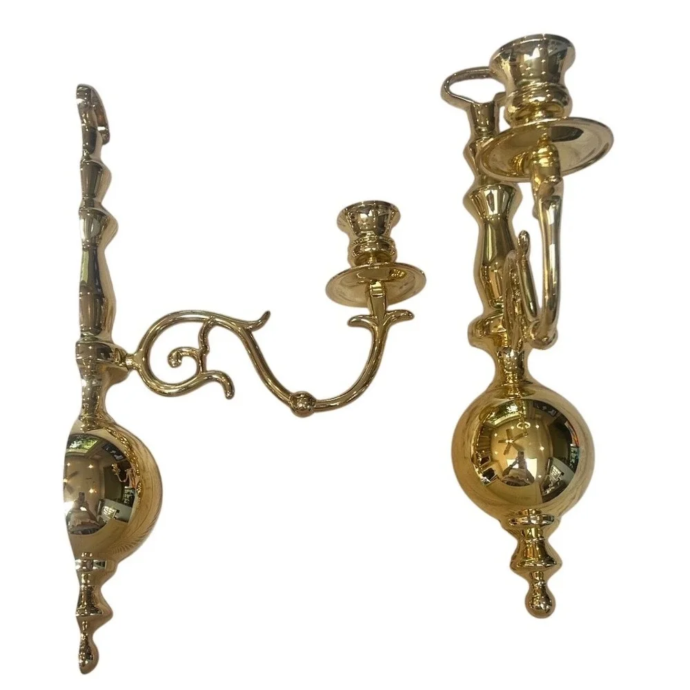 Vintage Polished Brass Wall Sconces Pair Traditional Candle Holder Set Gold
